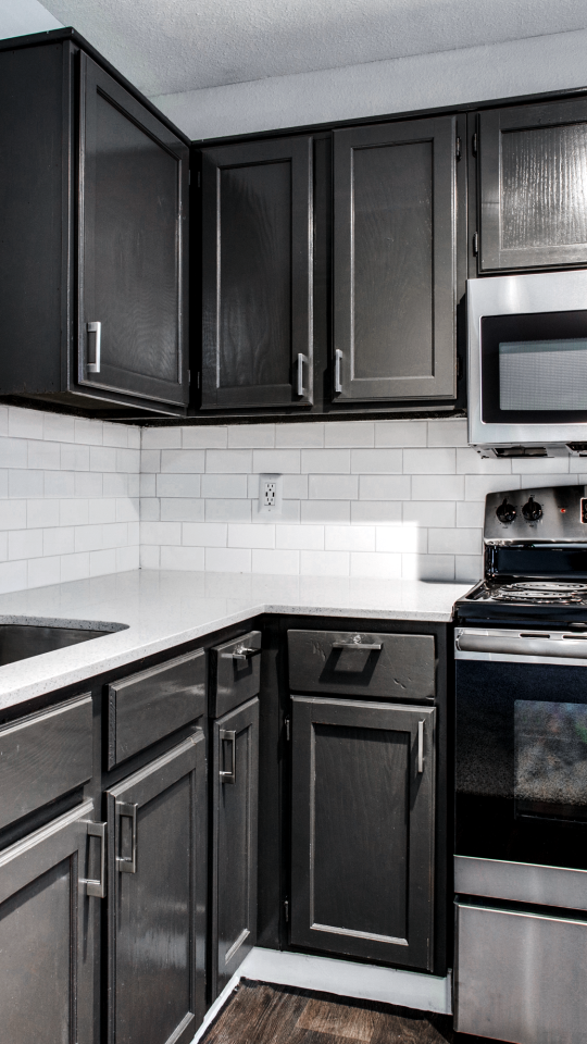 a kitchen with black cabinets and stainless steel appliances at The  Mark at 2600